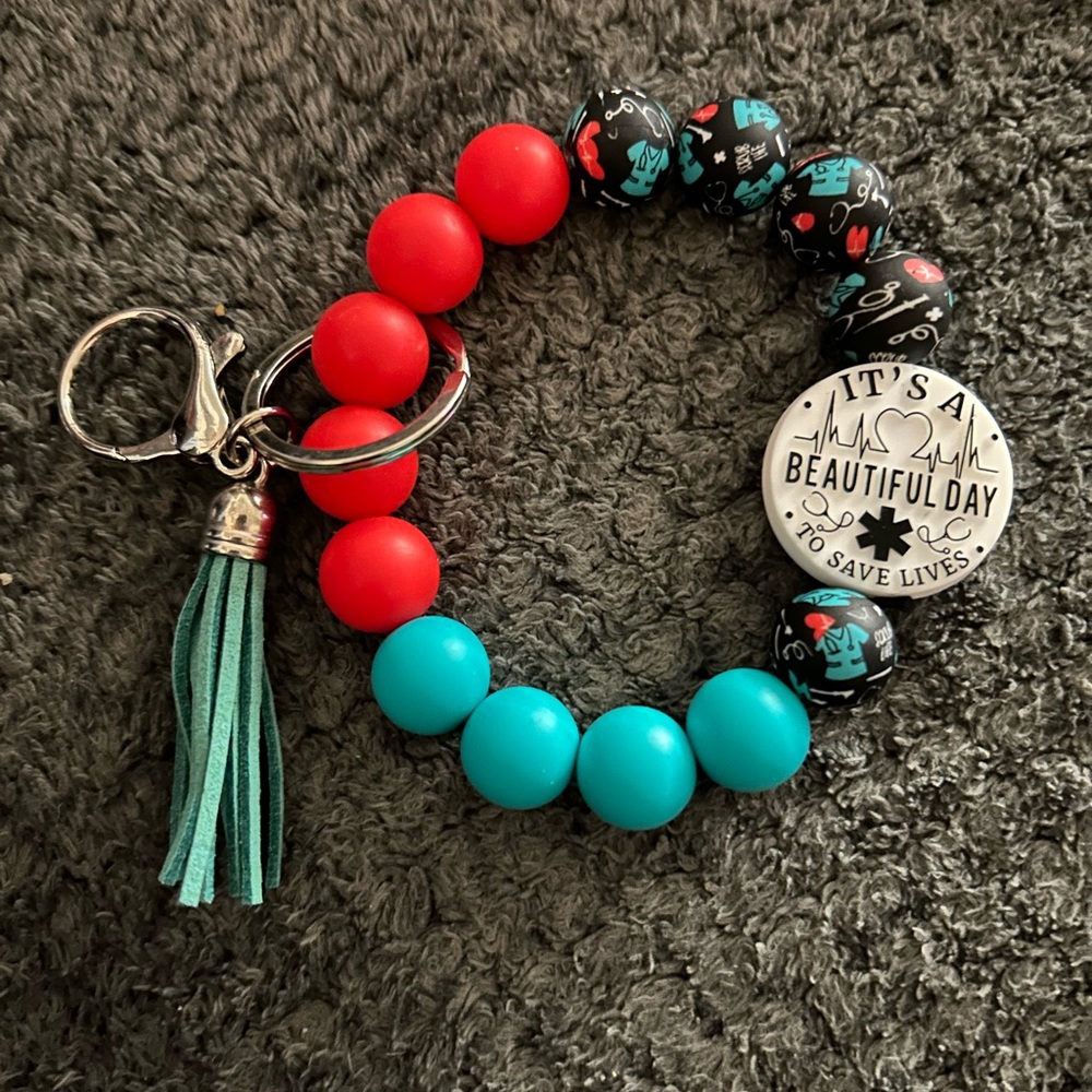 Hand Crafted Red & Teal Beaded Keychain Card Holder with Tassel